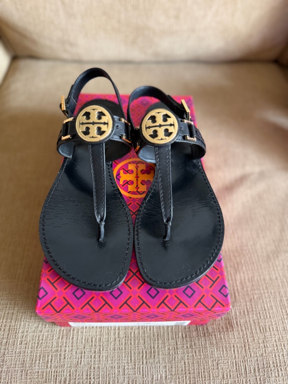 Tory Burch Miller Sandals Brown Leather Logo Thong Sandals Women's Size 8